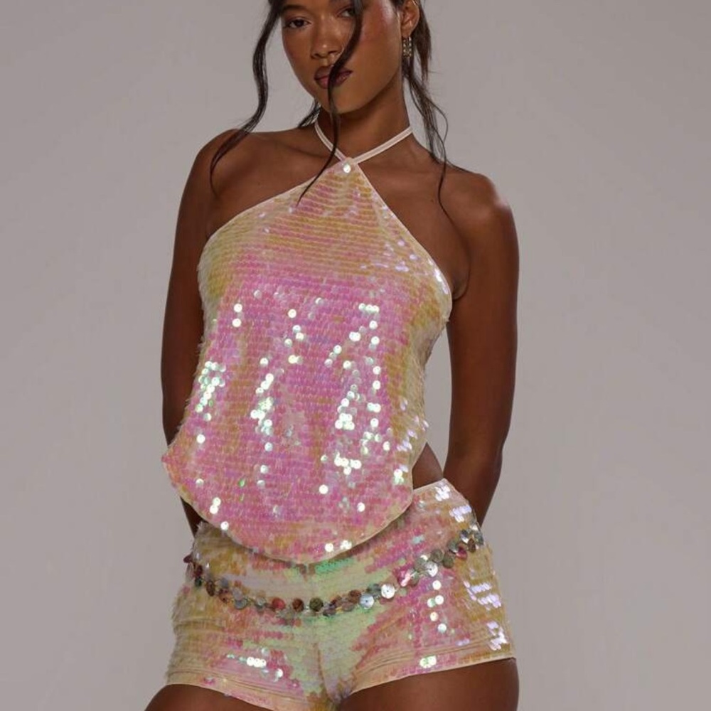 MUSERA Sequin High Halter Neck Sleeveless Tie Back V Hem Top Ibiza, Rave